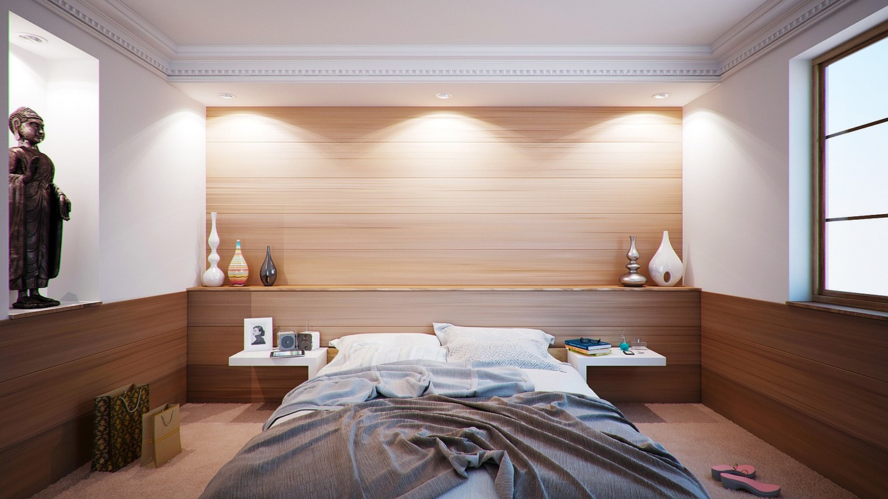 Slaapkamer met gebalanceerde feng shui inrichting. Slaapkamer met gebalanceerde feng shui inrichting.